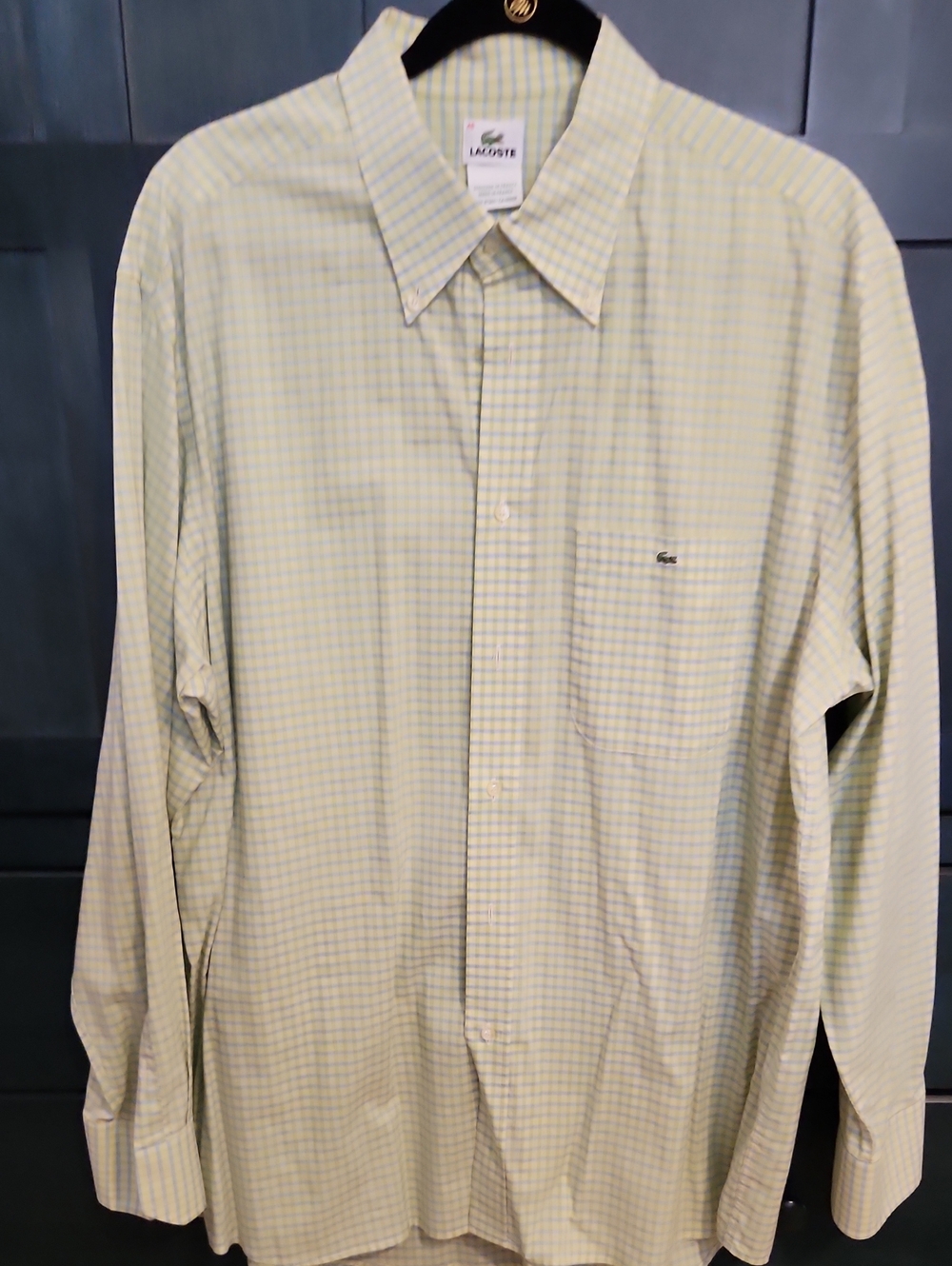 Lacoste Men's Light Yellow and Light Blue Checked Dress Shirt